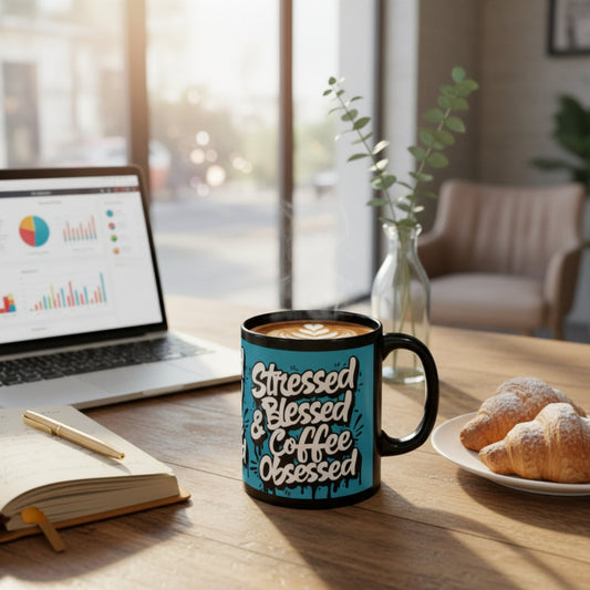 Mug with 'Stressed Blessed & Coffee Obsessed' text on a desk with a laptop, notebook, and pastries.