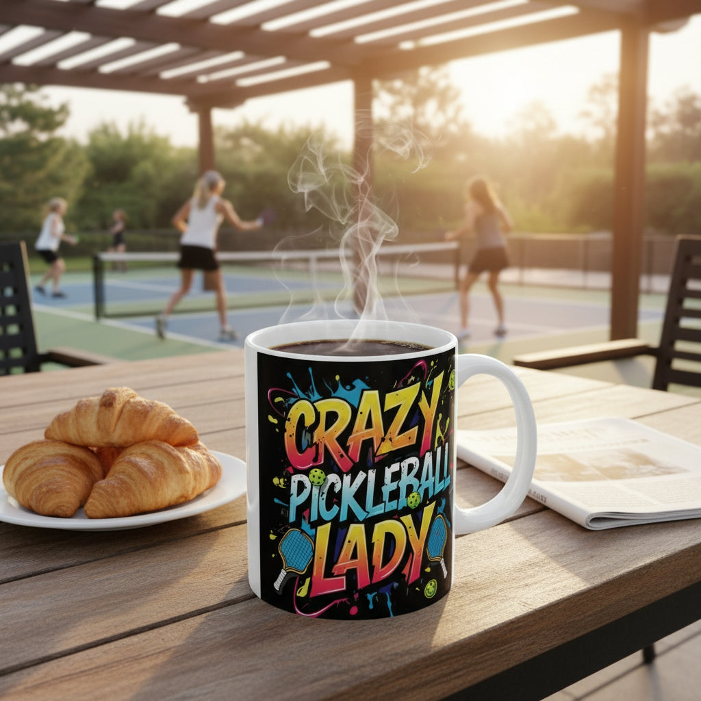 Mug with 'Crazy Pickleball Lady' text and graphics on a pickleball court.