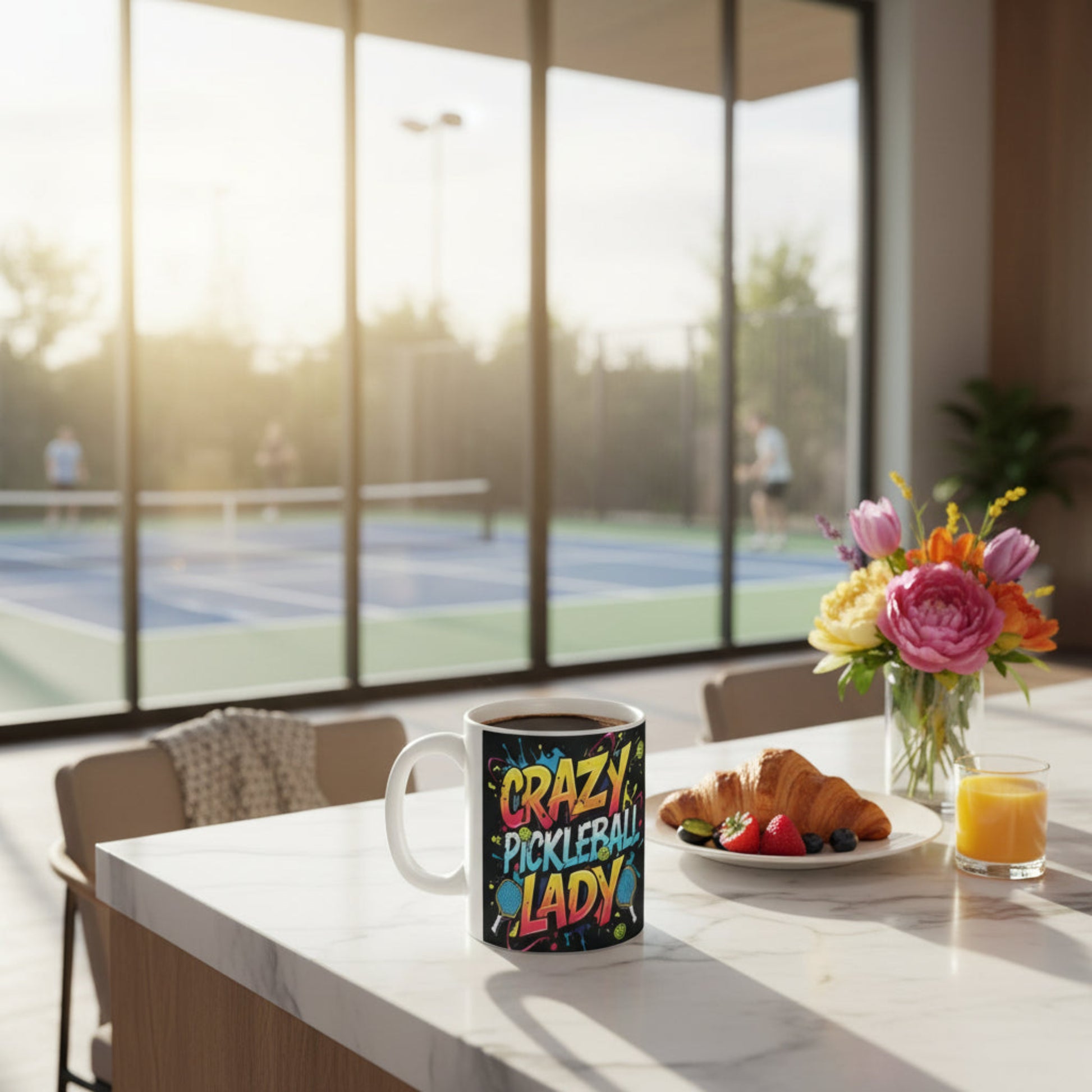 Café table with a mug labeled 'Crazy Pickleball Lady', plate of food, and flowers in a modern setting.