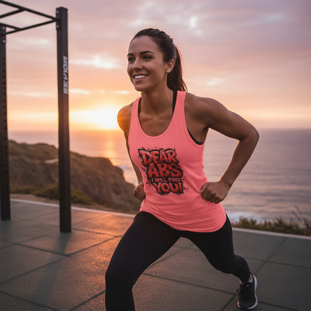 Pink tank top with 'Dear Abs I Will Find You!' text in a scenic gym setting
