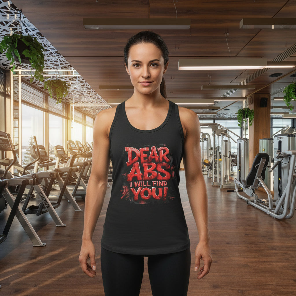 Black tank top with red text that says, Dear Abs I Will Find You! in a gym setting