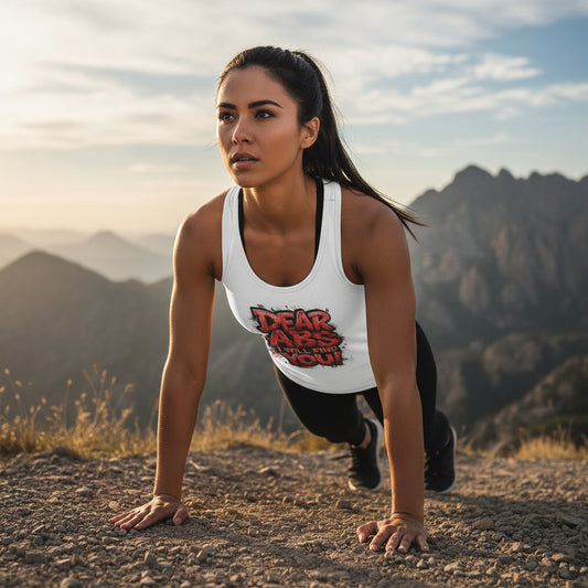 White tank top on a female with 'Dear Abs, I Will Find You!' text in an outdoor setting