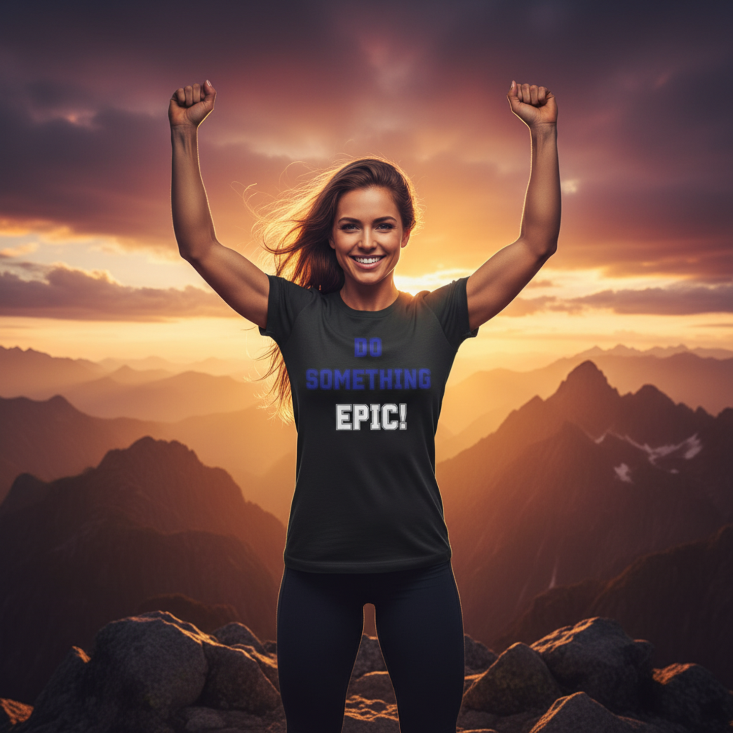 Person on a mountain top with 'Do Something Epic!' t-shirt against a sunset