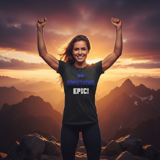 Person on a mountain top with 'Do Something Epic!' t-shirt against a sunset