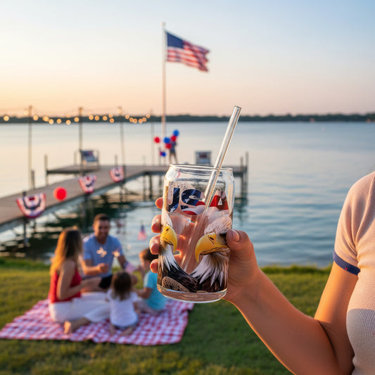 A person holding a USA sipper glass with an eagle design by a lake with people on a dock and an American flag.