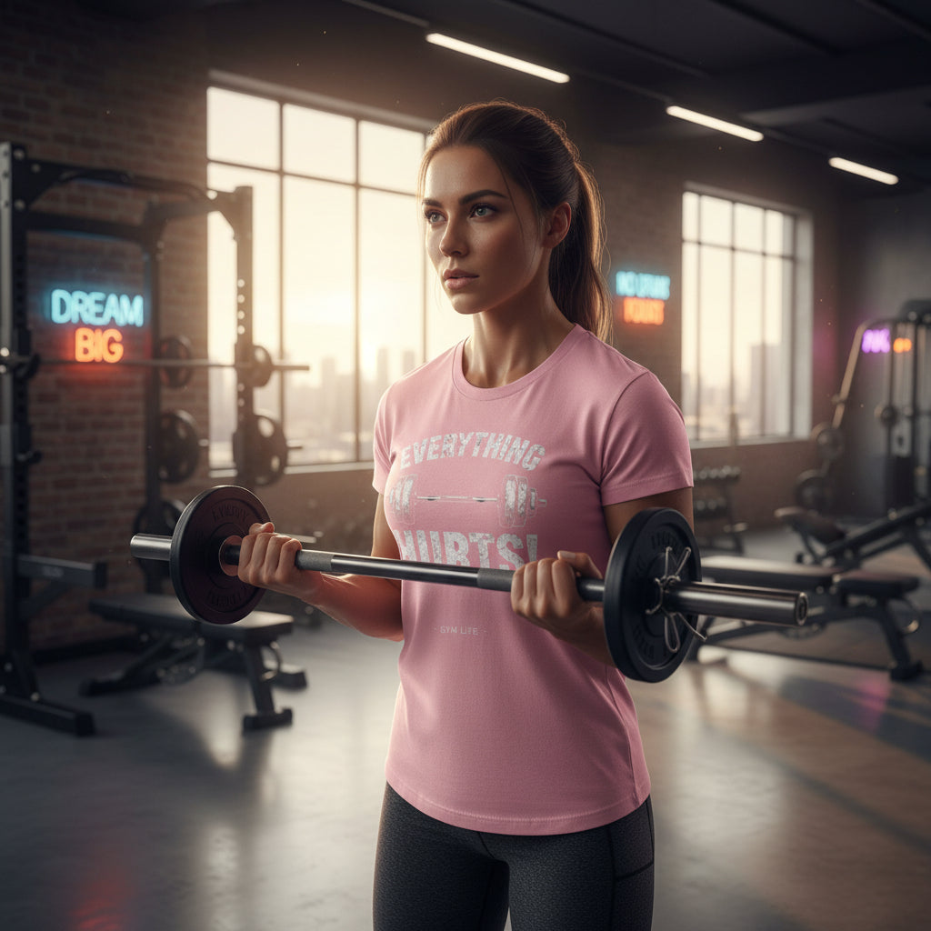 Pink t-shirt with 'Everything Hurts!' GYM LIFE text in an indoor gym background.