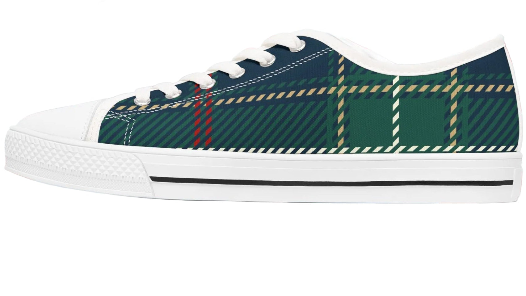 Green plaid sneaker with white laces on a white background.