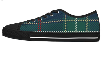 Green plaid sneaker with black sole on a white background.