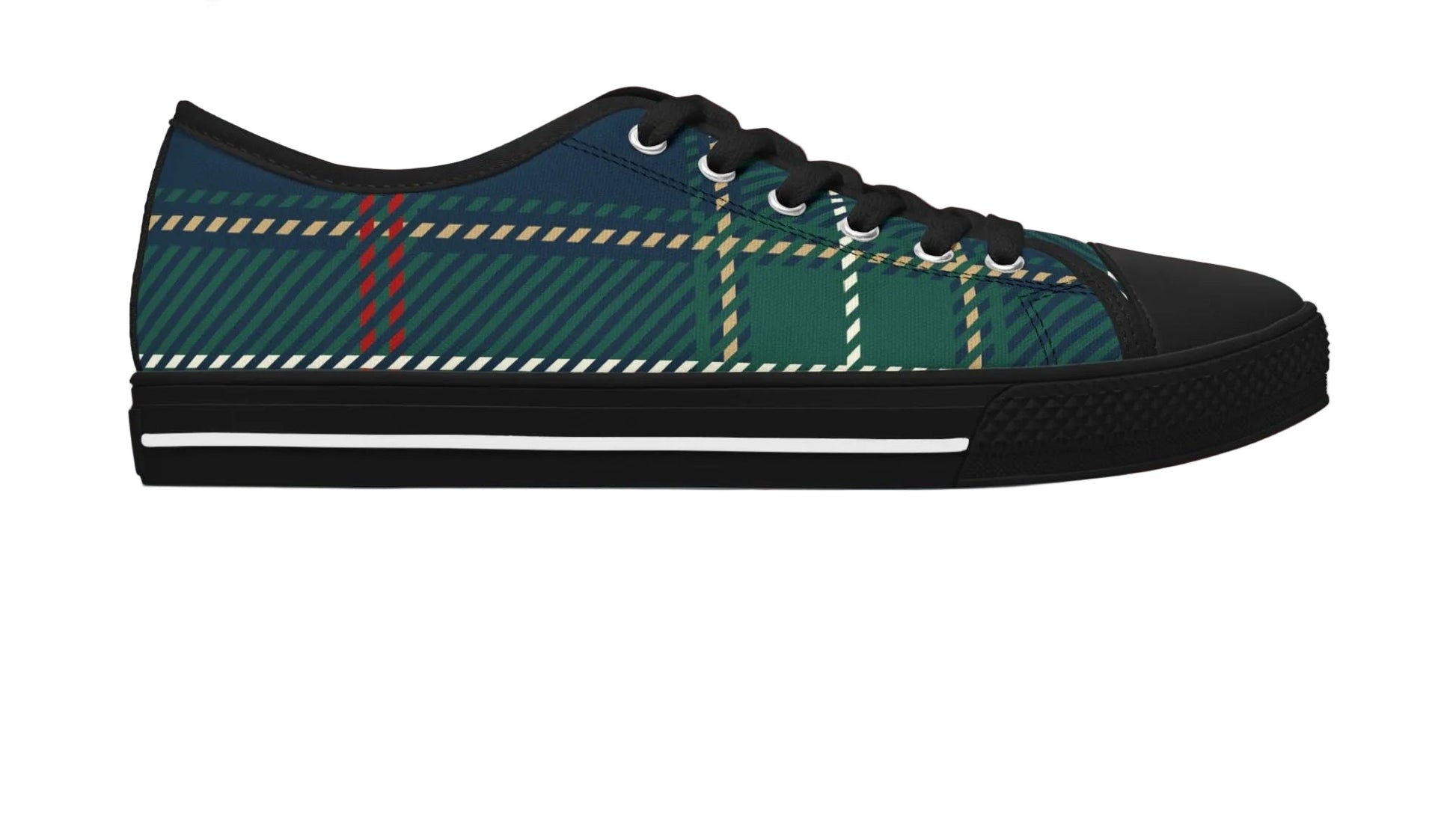 Green plaid sneaker with black sole on a white background