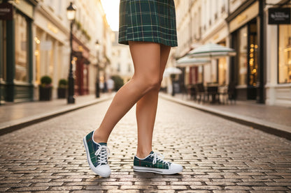 A pair of plaid green low-top sneakers.