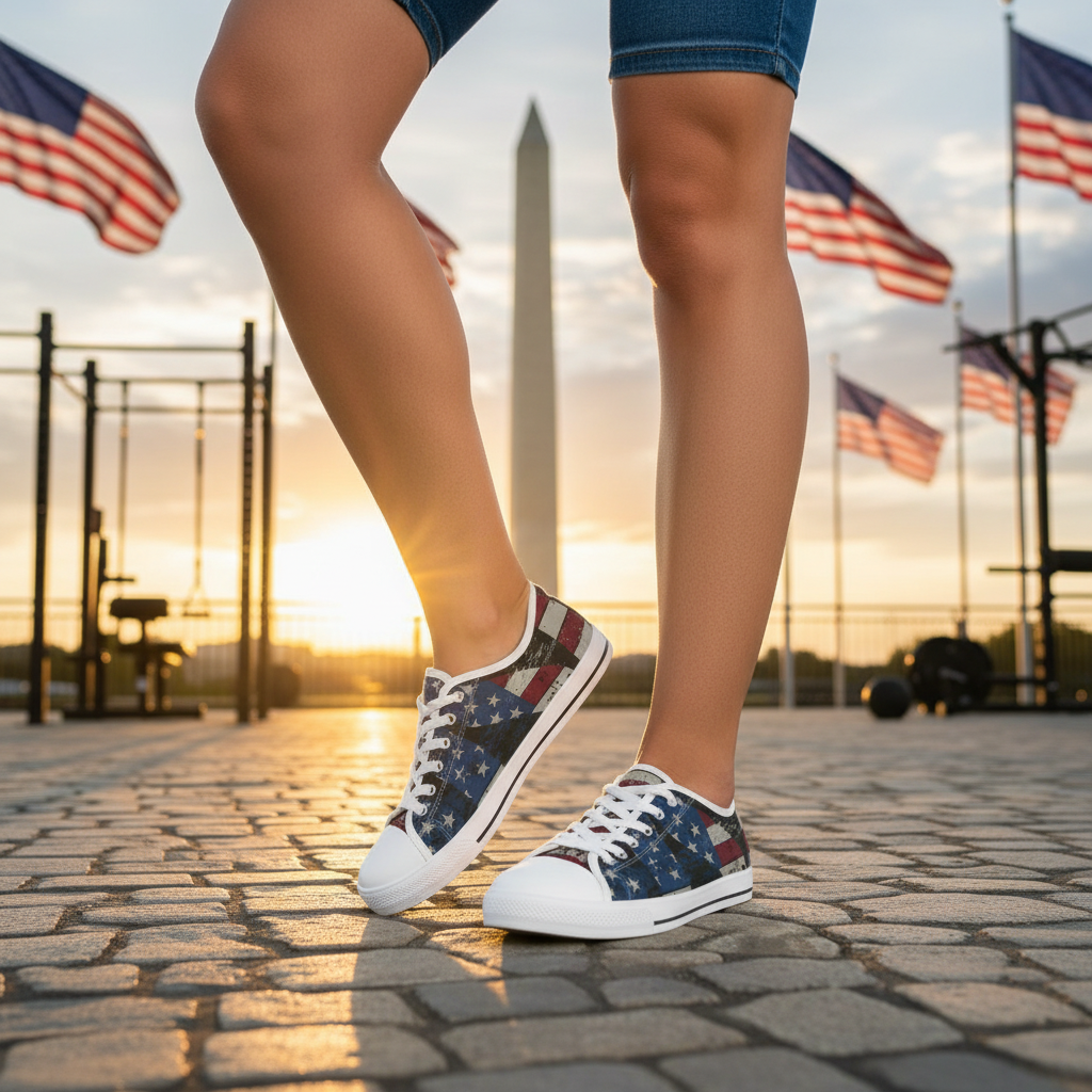White sneakers with an American flag design worn on a stone pavement with American flags in the background.