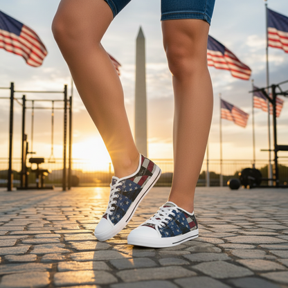 White sneakers with an American flag design worn on a stone pavement with American flags in the background.