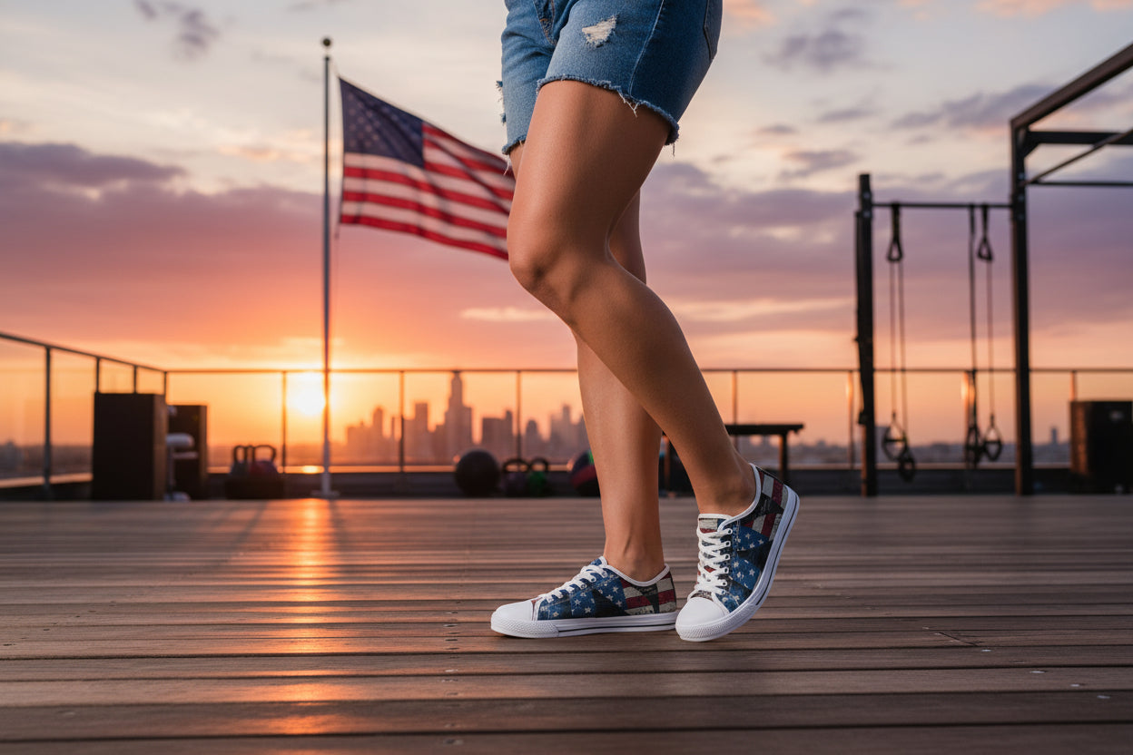 A pair of women's low-top sneakers featuring a patriotic red, white, and blue American flag design with an all-over print of the American flag. The sneakers are worn by a person standing on a wooden surface, and the design includes a white sole.