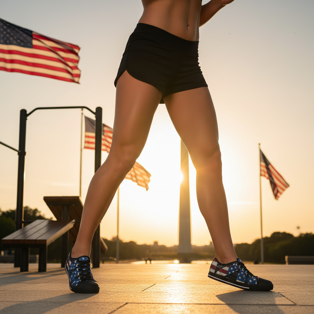 A person wearing athletic shoes with an American flag design on a wooden deck with American flags in the background.