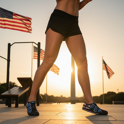 A person wearing athletic shoes with an American flag design on a wooden deck with American flags in the background.