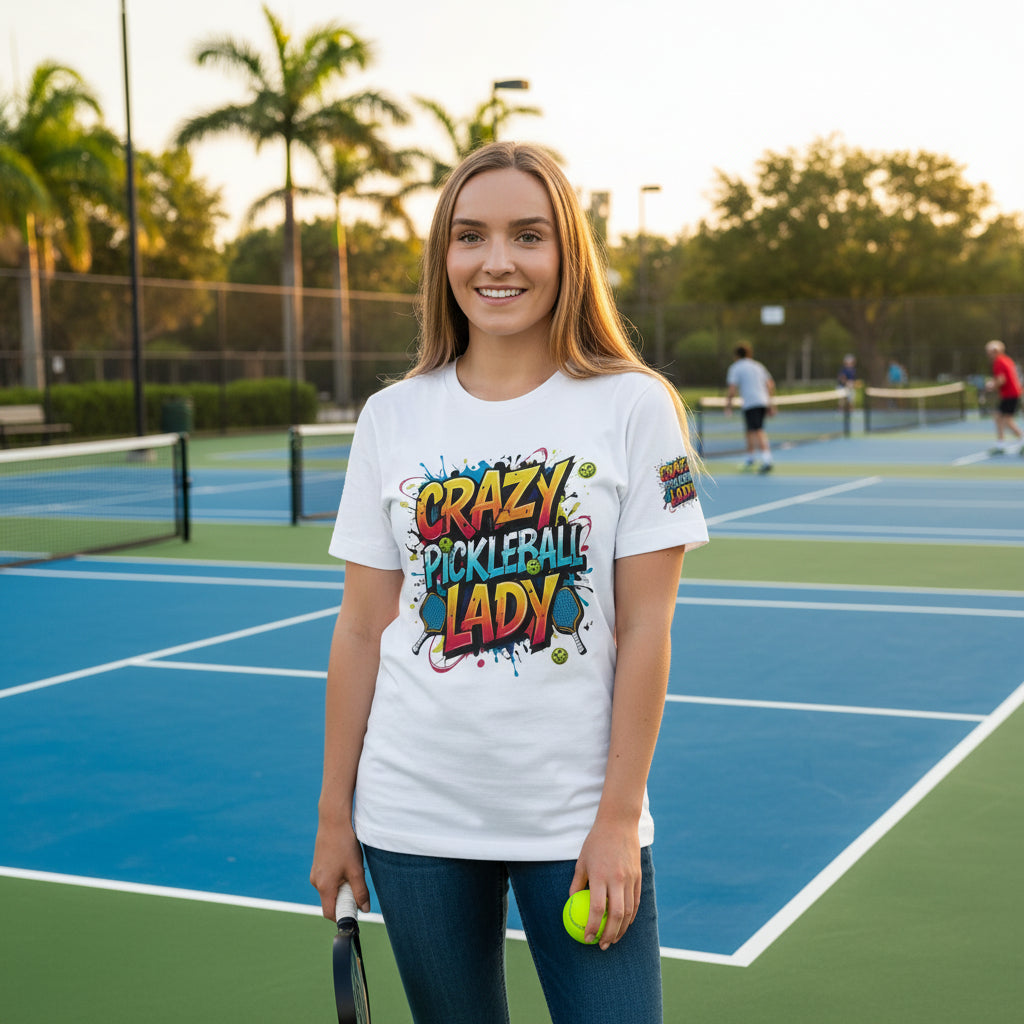 Woman wearing a white 'Crazy Pickleball Lady' shirt on a pickleball court.