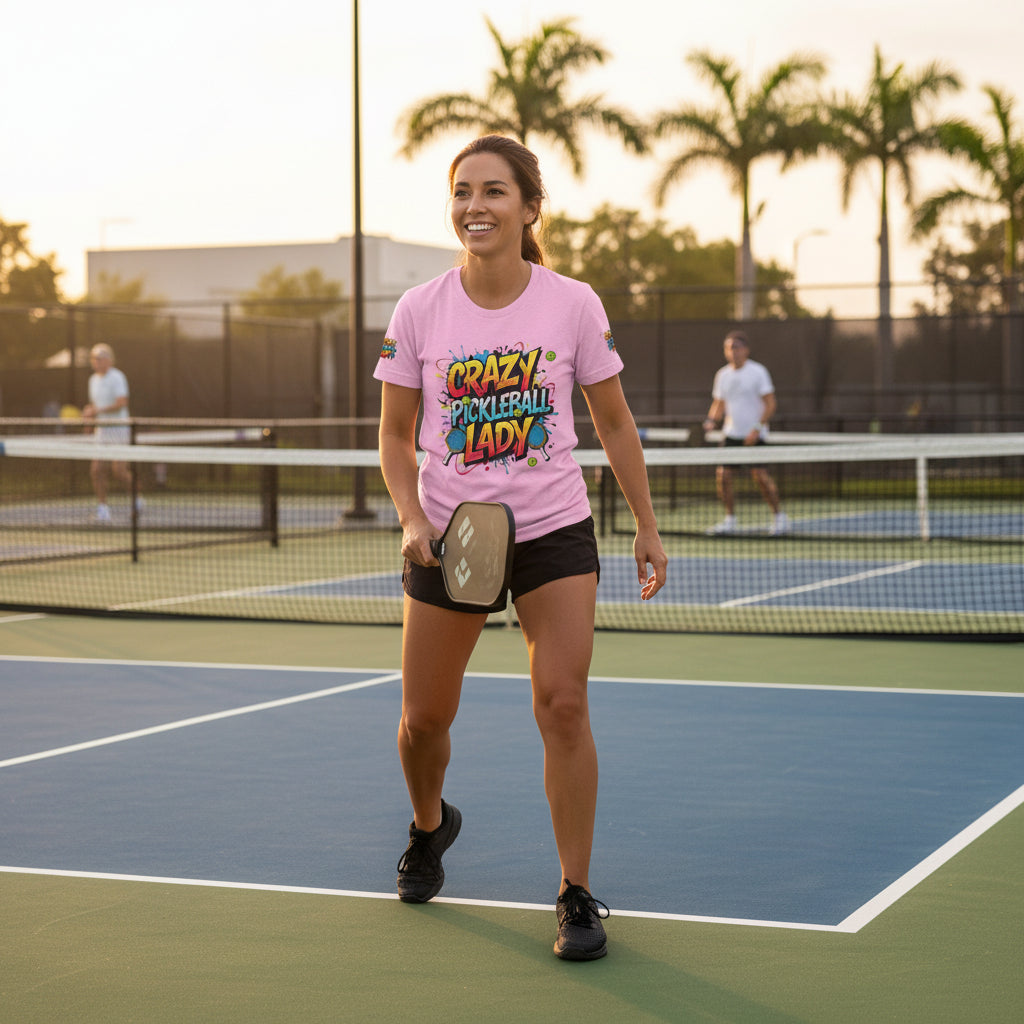 A woman on a pickleball court wearing a pink 'Crazy Pickleball Lady' shirt with palm trees and mountains in the background.