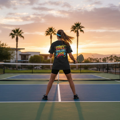 A woman playing pickleball wearing a t-shirt that says Crazy Pickleball Lady on a court with palm trees and sunset in the background.