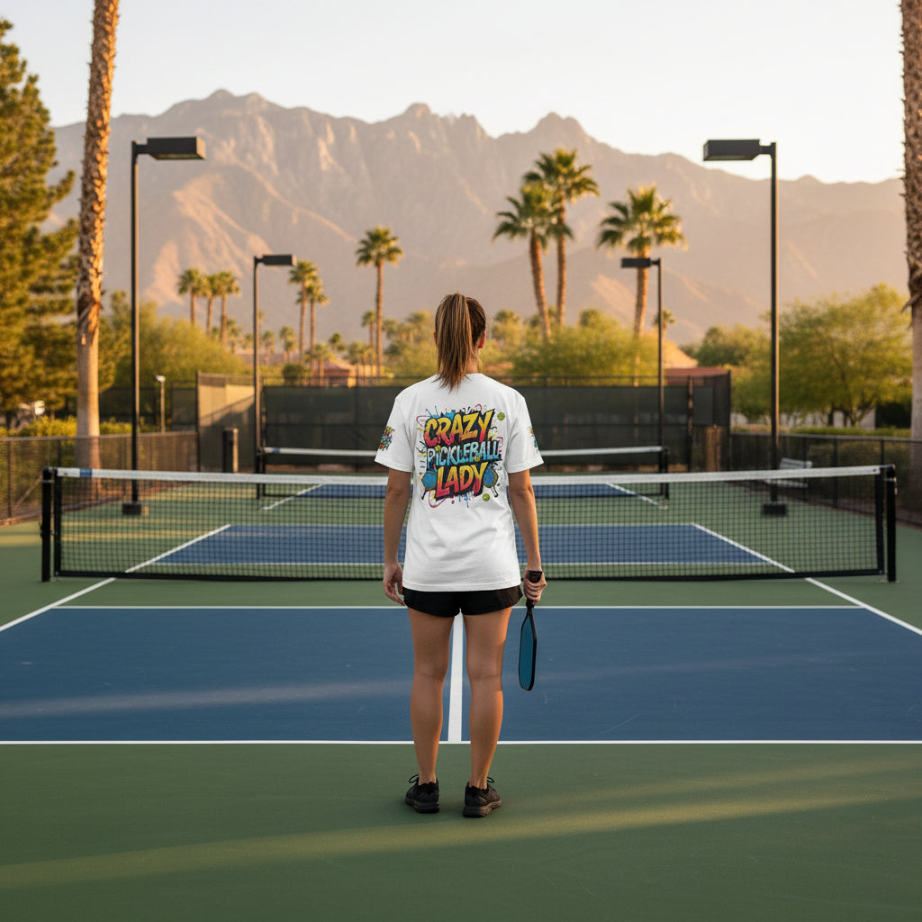 A woman standing on a pickleball court wearing a t-shirt that says Crazy Pickleball Lady with mountains and palm trees in the background.