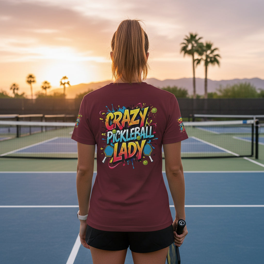 A woman wearing a 'Crazy Pickleball Lady' t-shirt on a pickleball court at sunset.