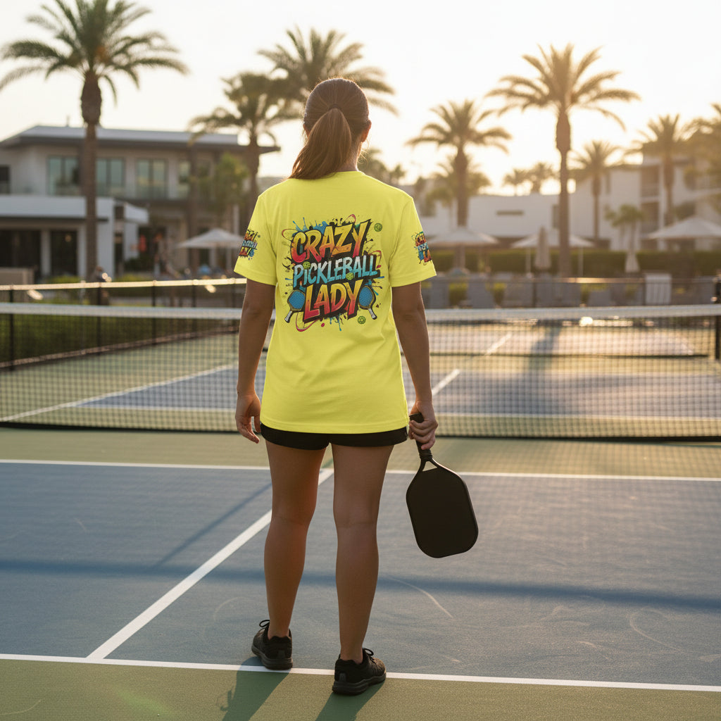 A woman wearing a bright yellow 'Crazy Pickleball Lady' shirt on a pickleball court with palm trees in the background.