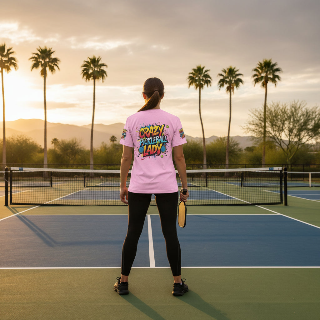 A woman standing on a pickleball court wearing a t-shirt that says Crazy Pickleball Lady with palm trees and a sunset in the background.