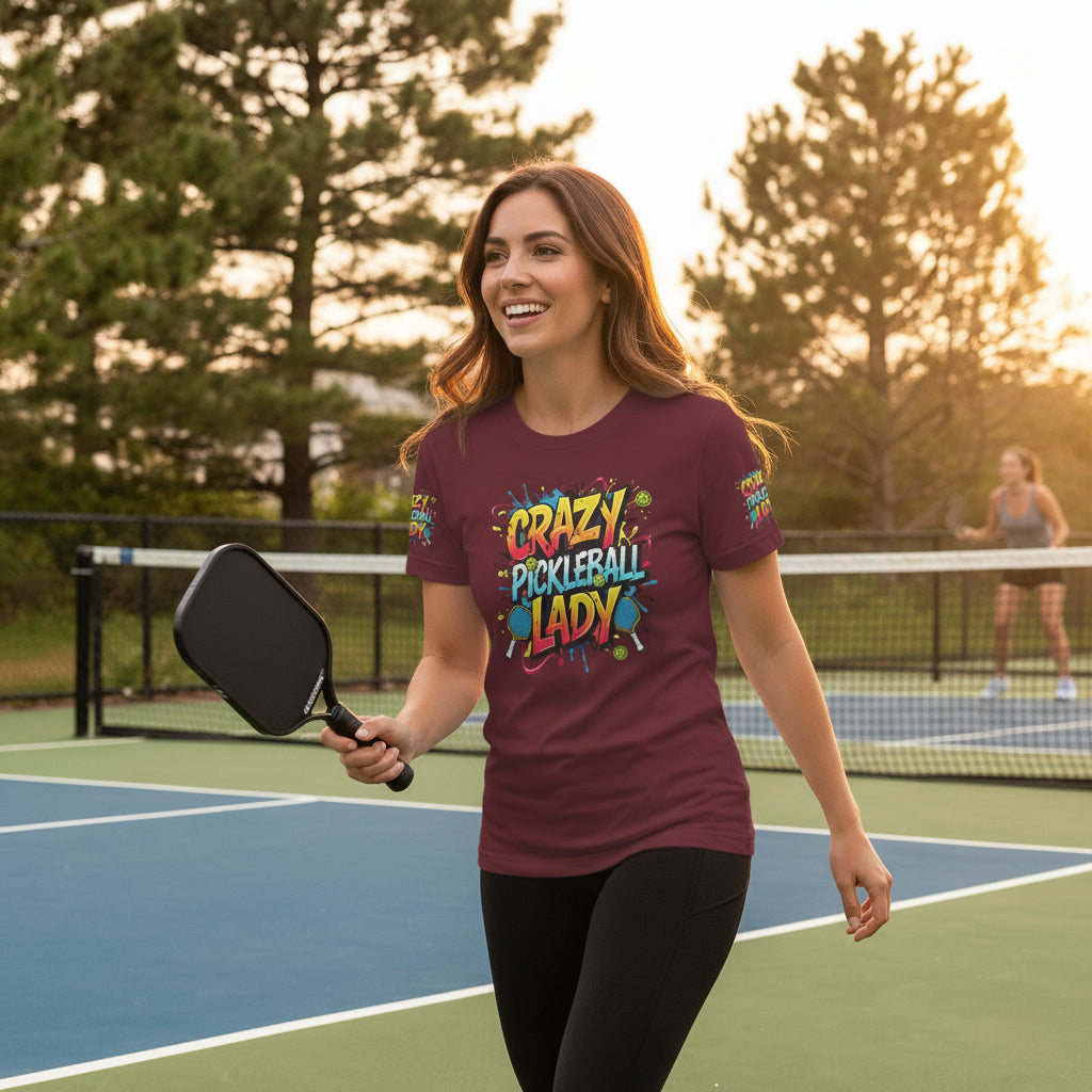 Maroon t-shirt with colorful 'Crazy Pickleball Lady' text and graphics on a pickleball court background.
