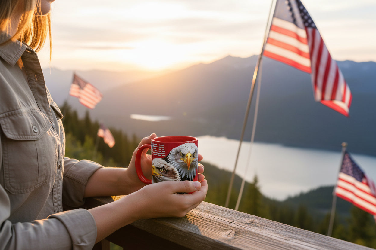 A person holding a mug with a USA bald eagle design, standing on a wooden platform with American flags and a scenic background.