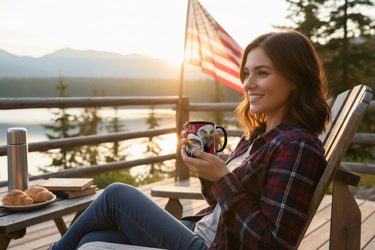 A woman sitting on a wooden deck by a lake, holding a mug with bald eagles and USA text, with an American flag in the background.