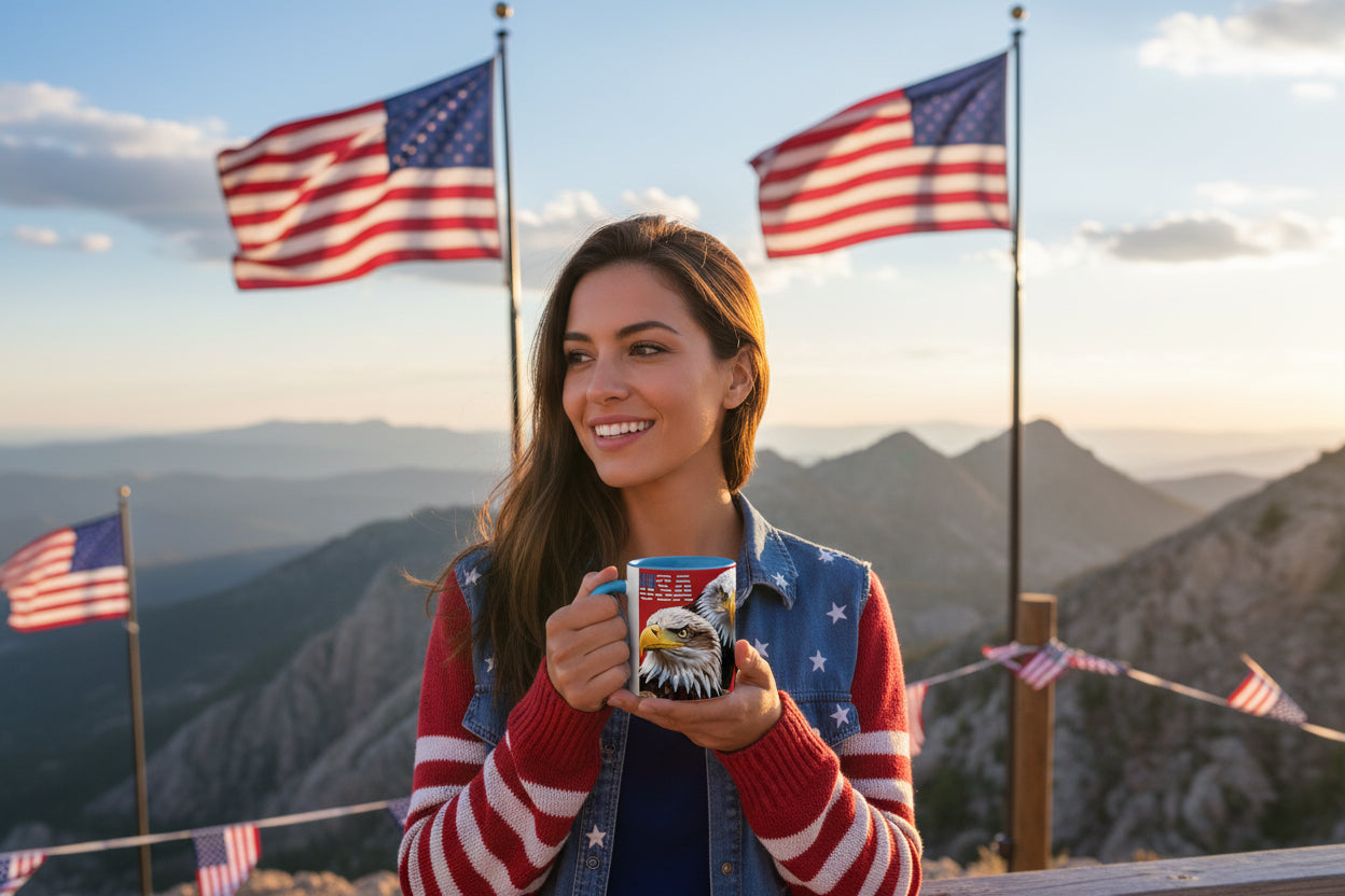 A woman holding a mug with a bald eagle design and "USA" text in front of American flags and mountains.