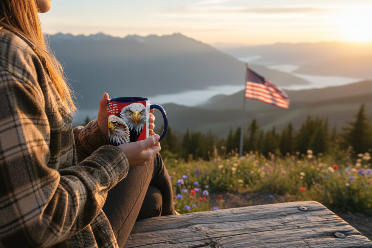 A person holding a USA mug with a bald eagle design, sitting on a wooden bench overlooking a scenic landscape with mountains and an American flag.