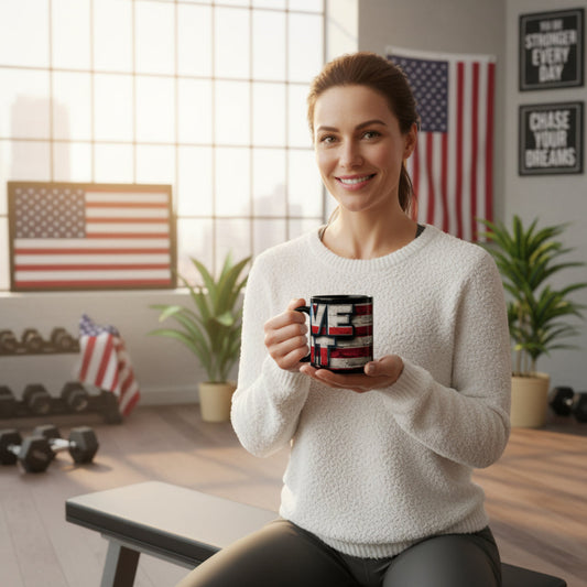 Woman holding a mug with a motivational quote in a home gym setting