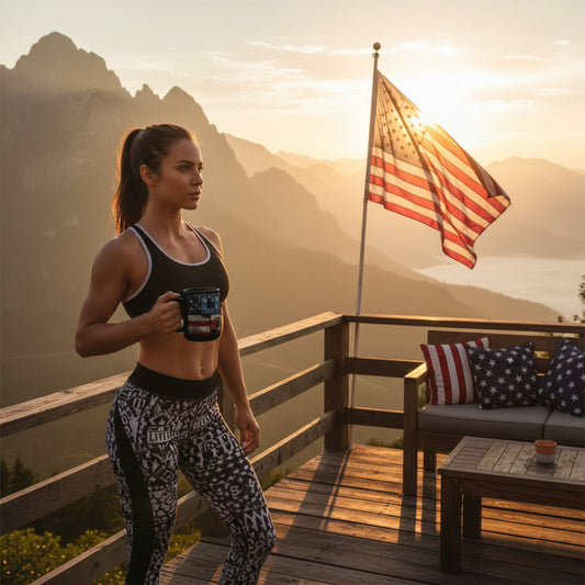 Eye-Catching - Red White Blue - Black Ceramic Mug - LIVE FIT - American Flag Backdrop - Fitness