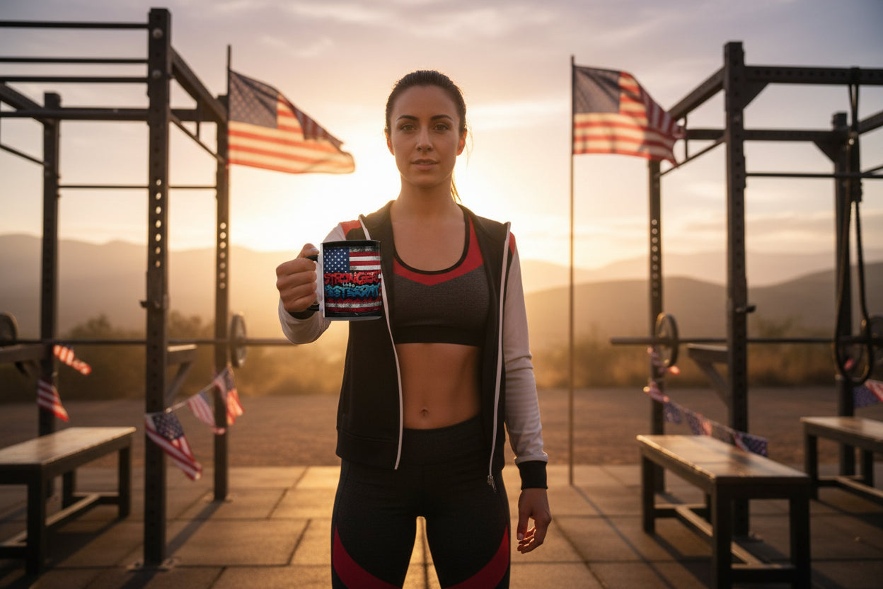A woman holding a mug that says Stronger Than Yesterday with an American flag design in a fitness setting with American flags in the background.
