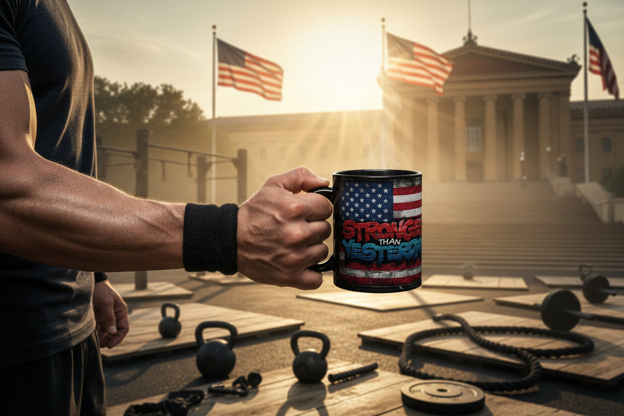 Person holding a mug that says Stronger Than Yesterday with a vintage American flag design in front of a building with flags and exercise equipment.
