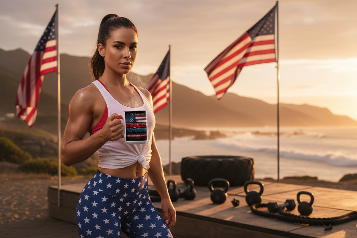 Athletic woman holding a mug that says Stronger Than Yesterday with a vintage American flag background with American flags and an ocean view in the background.