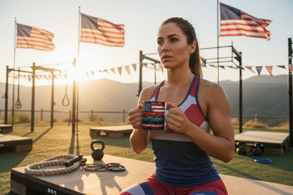 Woman holding a mug with a Stronger Than Yesterday American flag design in an outdoor fitness setting with American flags in the background.