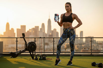 Woman showing an Untamed design phone case on a rooftop with a city skyline in the background.