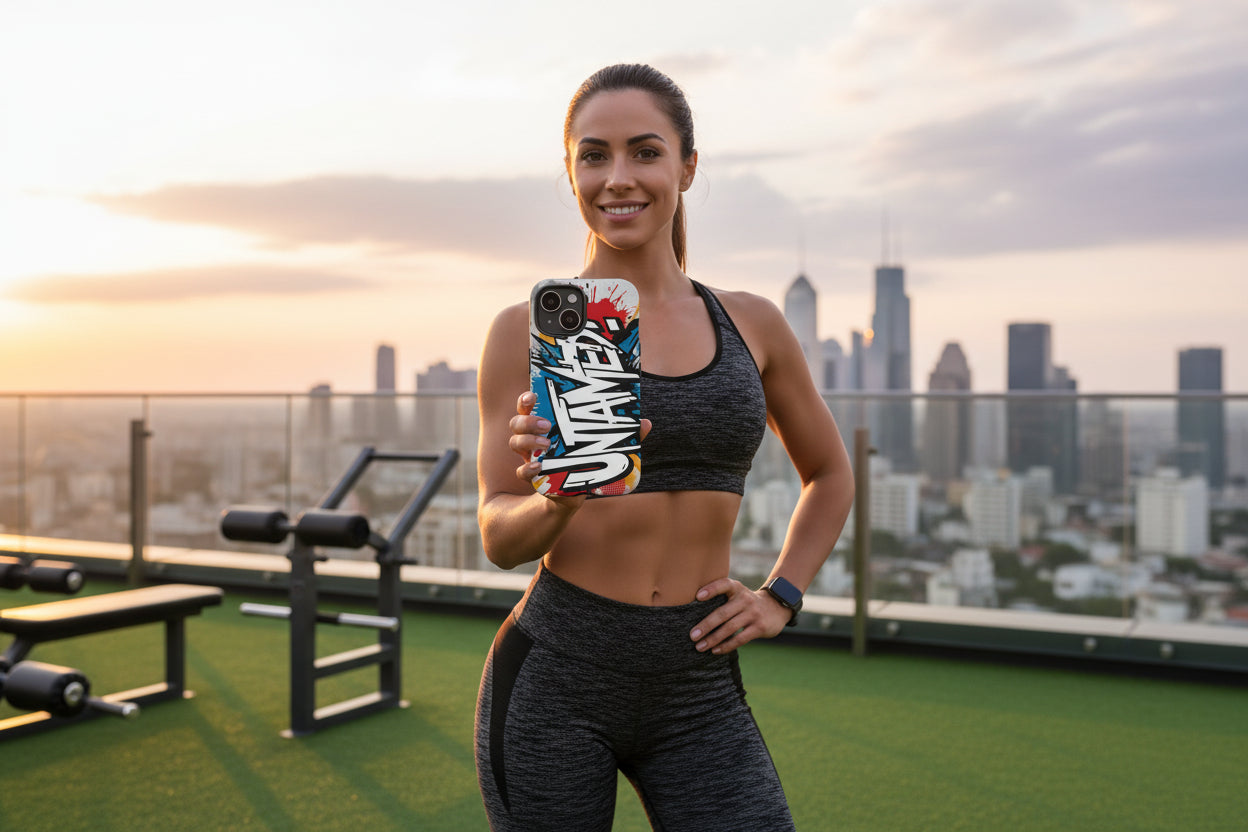Woman in athletic wear showing an Untamed phone case with a city skyline in the background.