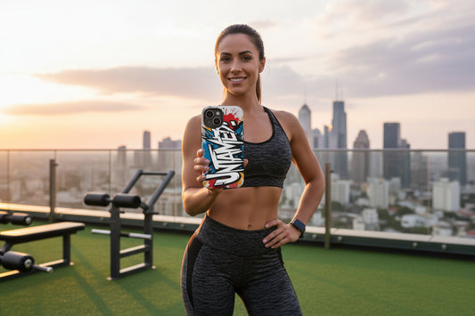 Woman in athletic wear showing an Untamed phone case with a city skyline in the background.