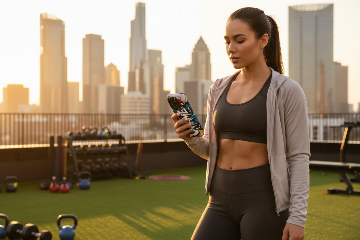 A woman in athletic wear holding an Untamed phone case with a gym city skyline in the background.