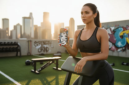 Woman showing an Untamed phone case design on a rooftop with a cityscape in the background.