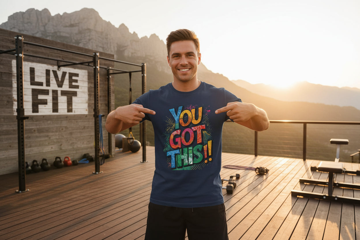 Navy blue t-shirt with colorful 'YOU GOT THIS!!' text.