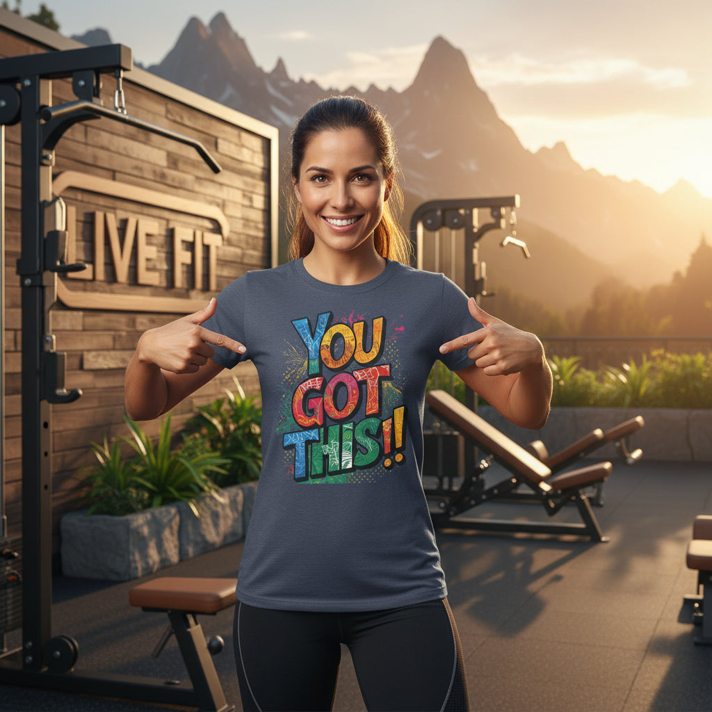 A woman wearing a t-shirt with the text 'YOU GOT THIS!!' printed in colorful letters on the front.