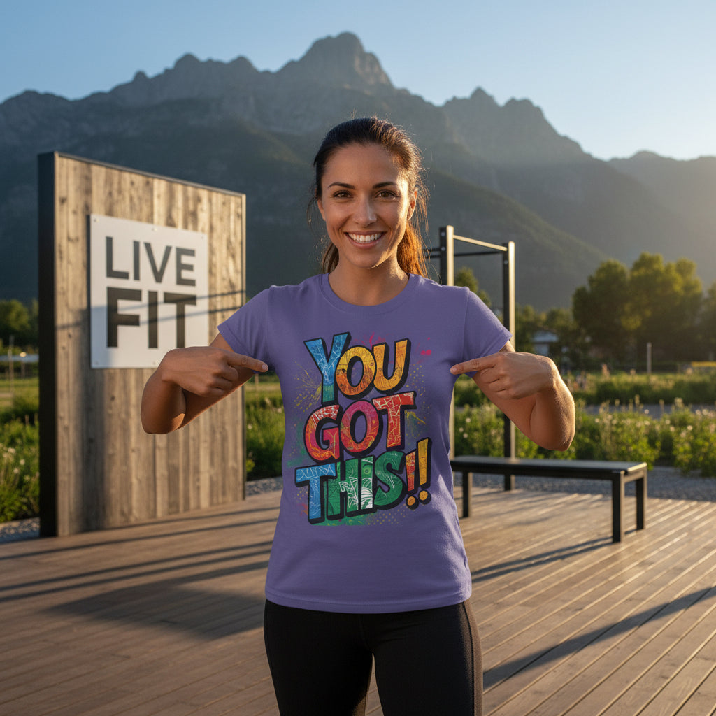 Purple t-shirt with 'YOU GOT THIS!' text in colorful letters against a natural background.
