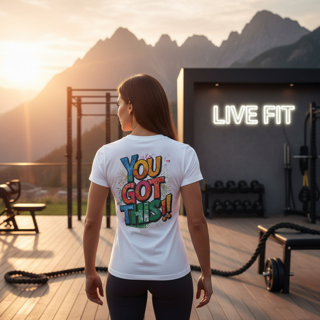 A woman wearing a 'You Got This!!' t-shirt in a gym setting with mountains in the background.