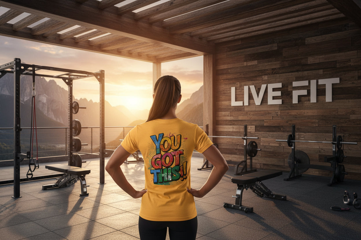 A woman wearing a yellow 'You Got This' t-shirt in a gym with 'Live Fit' branding.