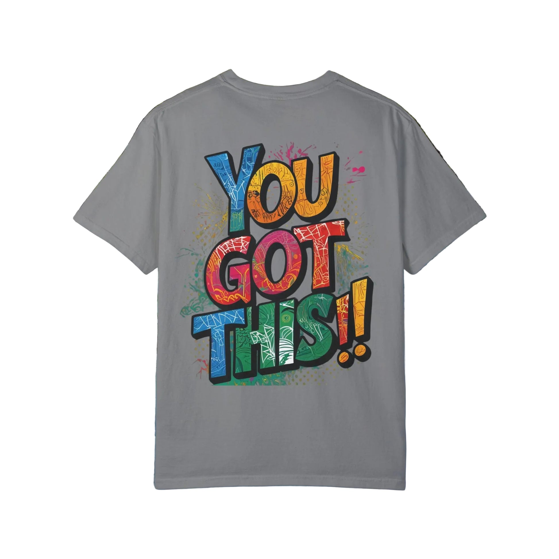 Gray t-shirt with colorful 'YOU GOT THIS!' text on a white background