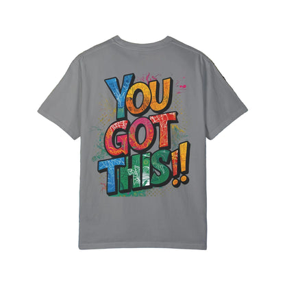 Gray t-shirt with colorful 'YOU GOT THIS!' text on a white background