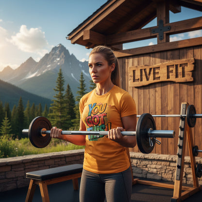 A woman wearing a yellow t-shirt with 'You Got This!!' text in colorful letters.